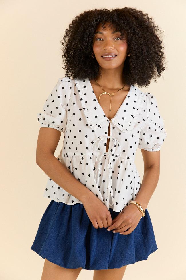 Not A Fantasy Ivory and Black Peter Pan Collar Polka Dot Blouse SALE Product Image