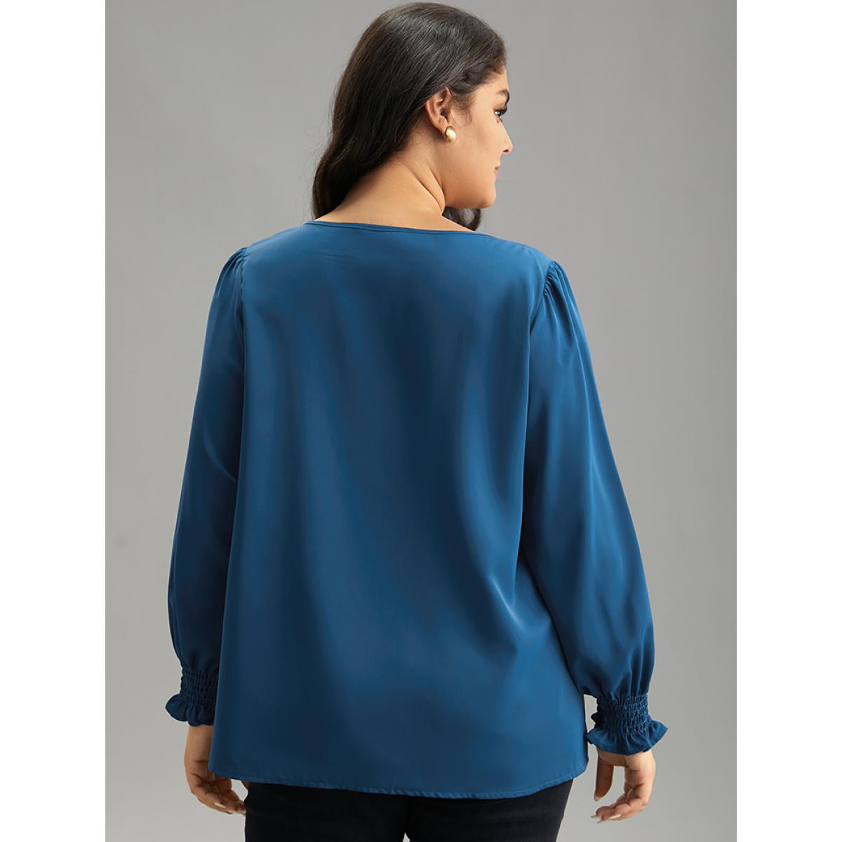 Plus Size Aegean Static-Free Plain Metal Detail Keyhole Shirred Blouse Women Office Long Sleeve Keyhole Cut-Out Office Blouses BloomChic 26/4X Product Image