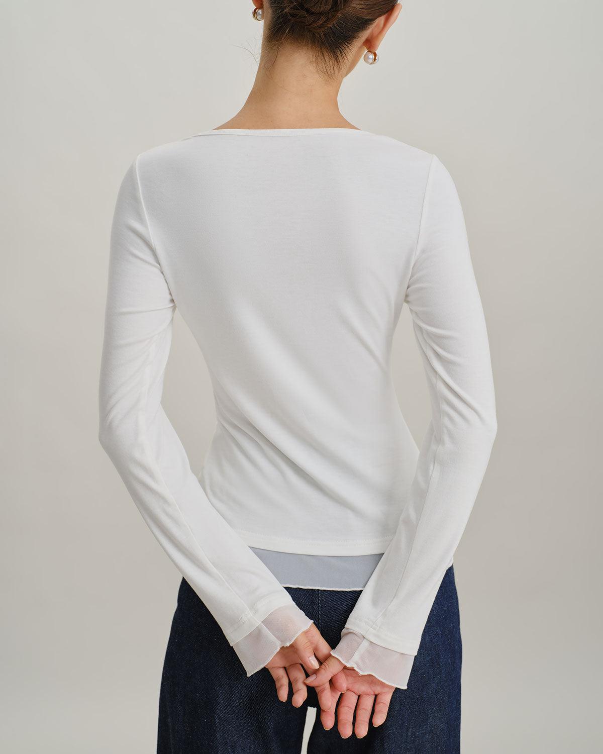White Round Neck Knit Slim Tee Product Image