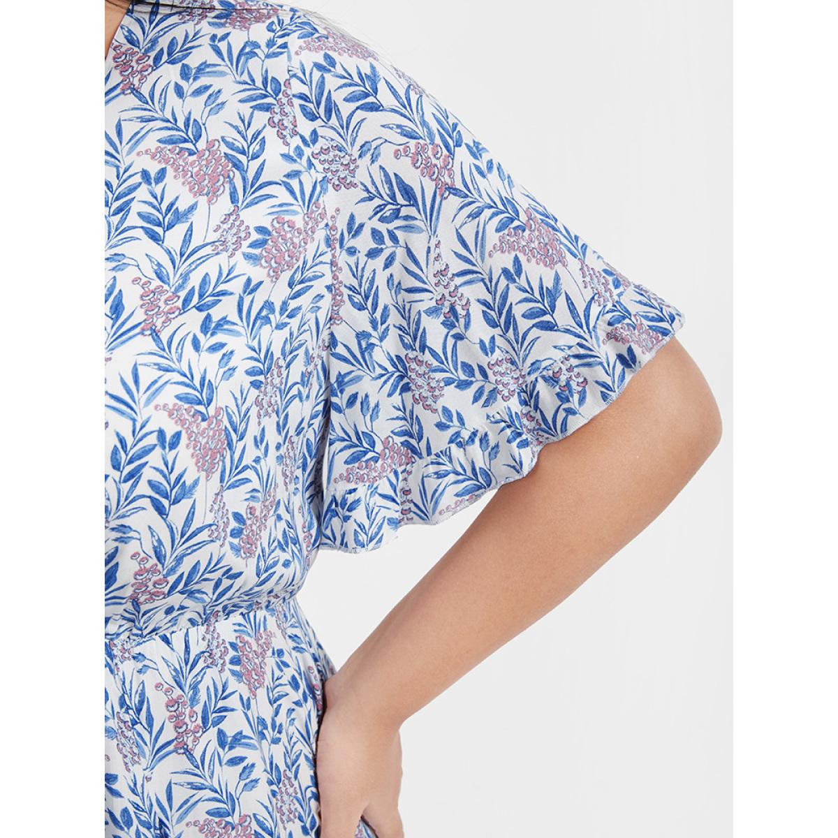 Plus Size Ditsy Floral Ties Asymmetrical Ruffled V Neck Dress LightBlue Women Elegant Cross straps V-neck Short sleeve Curvy Knee Dress BloomChic 26/4X Product Image