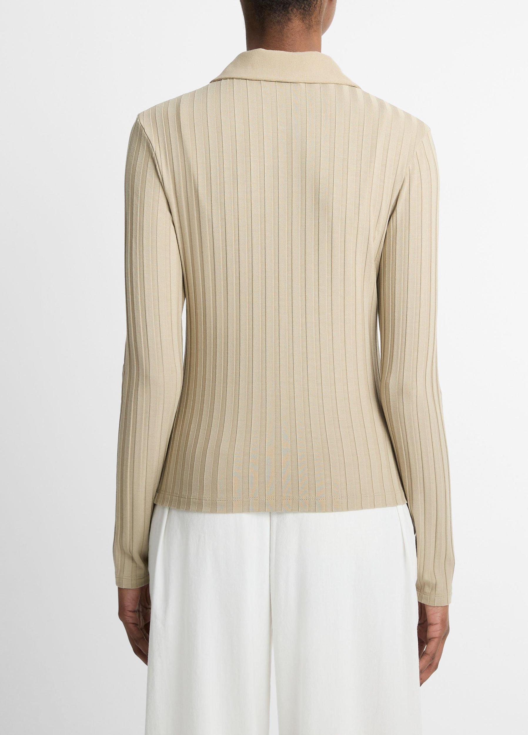 Ribbed Collared Long-Sleeve Button-Front Top Product Image