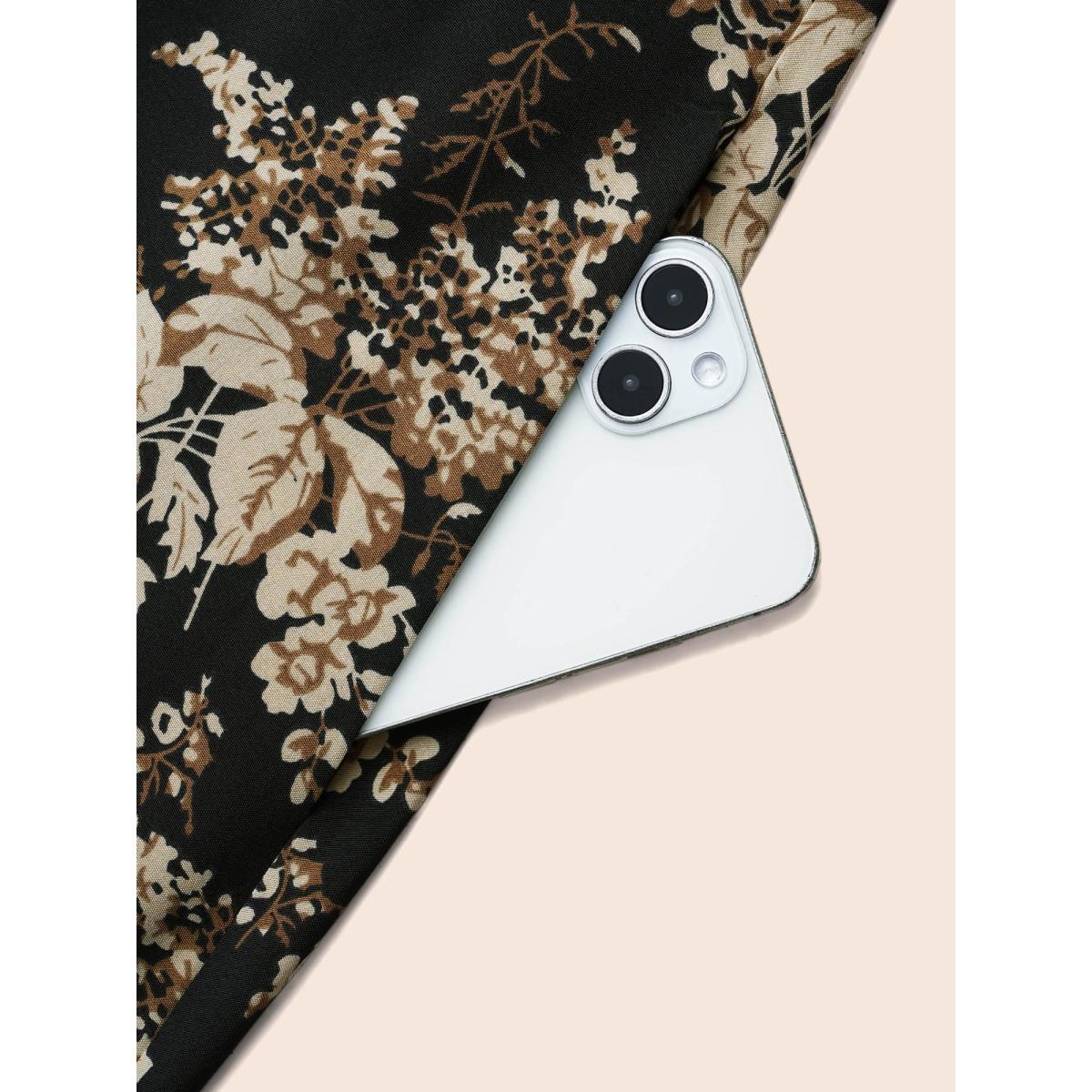 Plus Size Floral Overlap Collar Shirred Midi Dress BlackFlower Women Elegant Shirred Overlap Collar Long Sleeve Curvy BloomChic 12/L Product Image