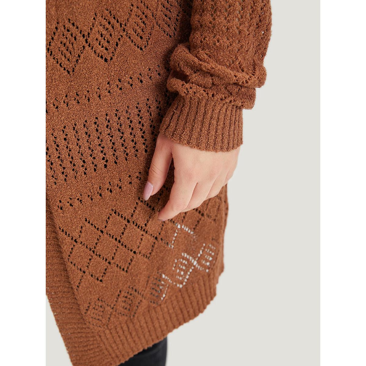 Plus Size Solid Geometric Hollow Out Open Front Cardigan Chocolate Women Casual Long Sleeve Dailywear Cardigans BloomChic 18-20/2X Product Image