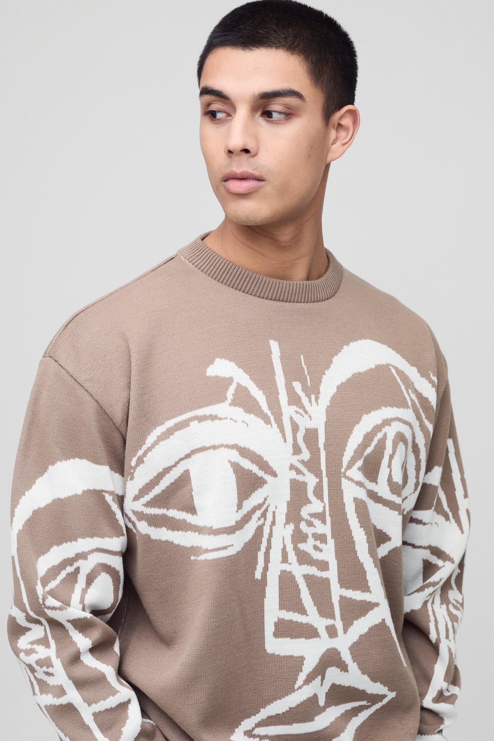 Tall Oversized Boxy Abstract Line Face Knitted Sweater | boohooMAN USA Product Image