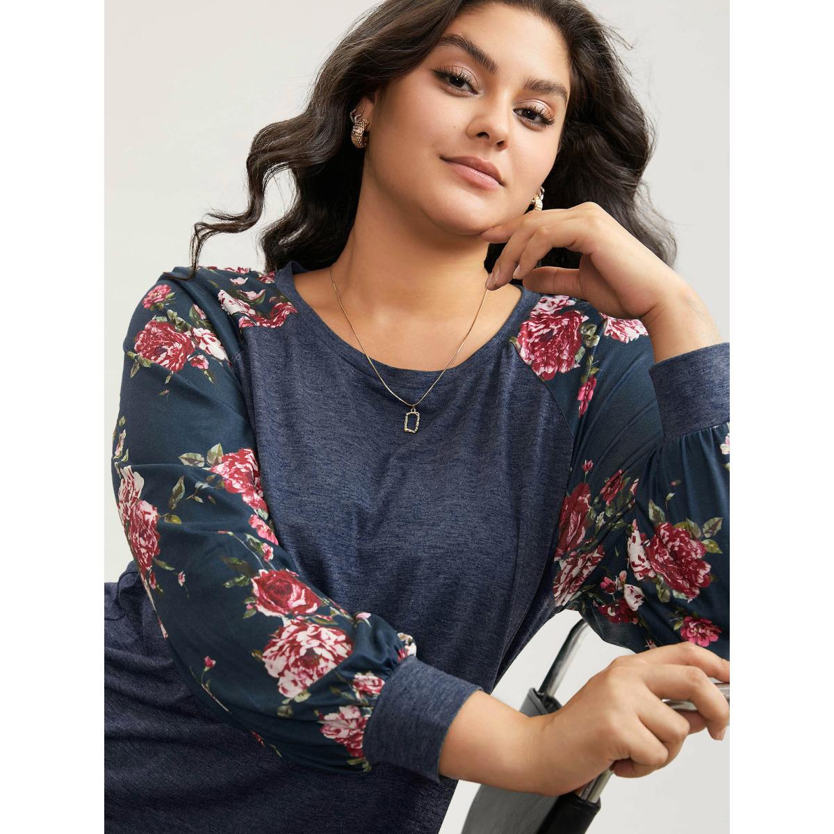 Plus Size Floral Patchwork Crew Neck Raglan Sleeve T-shirt Indigo Women Elegant Printed Floral Round Neck Dailywear T-shirts BloomChic 26/4X Product Image