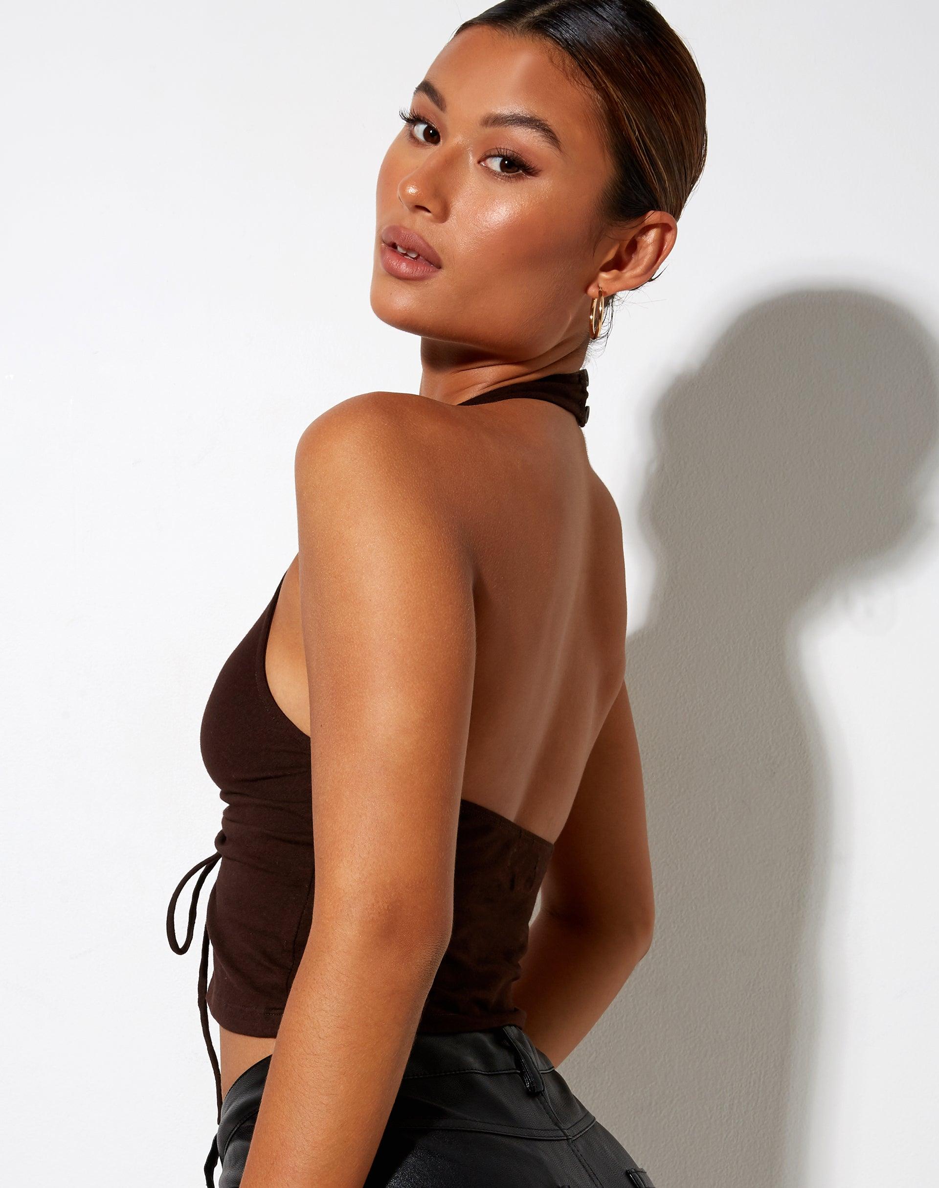 Dapa Crop Top in Lycra Bitter Chocolate Product Image