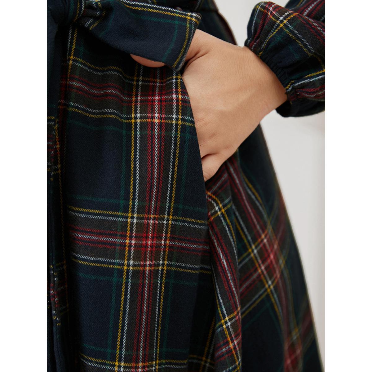 Plus Size Plaid Lantern Sleeve Pocket Belted Square Neck Dress Navy Women Elegant Pocket Square Neck Long Sleeve Curvy Midi Dress BloomChic 14-16/1X Product Image