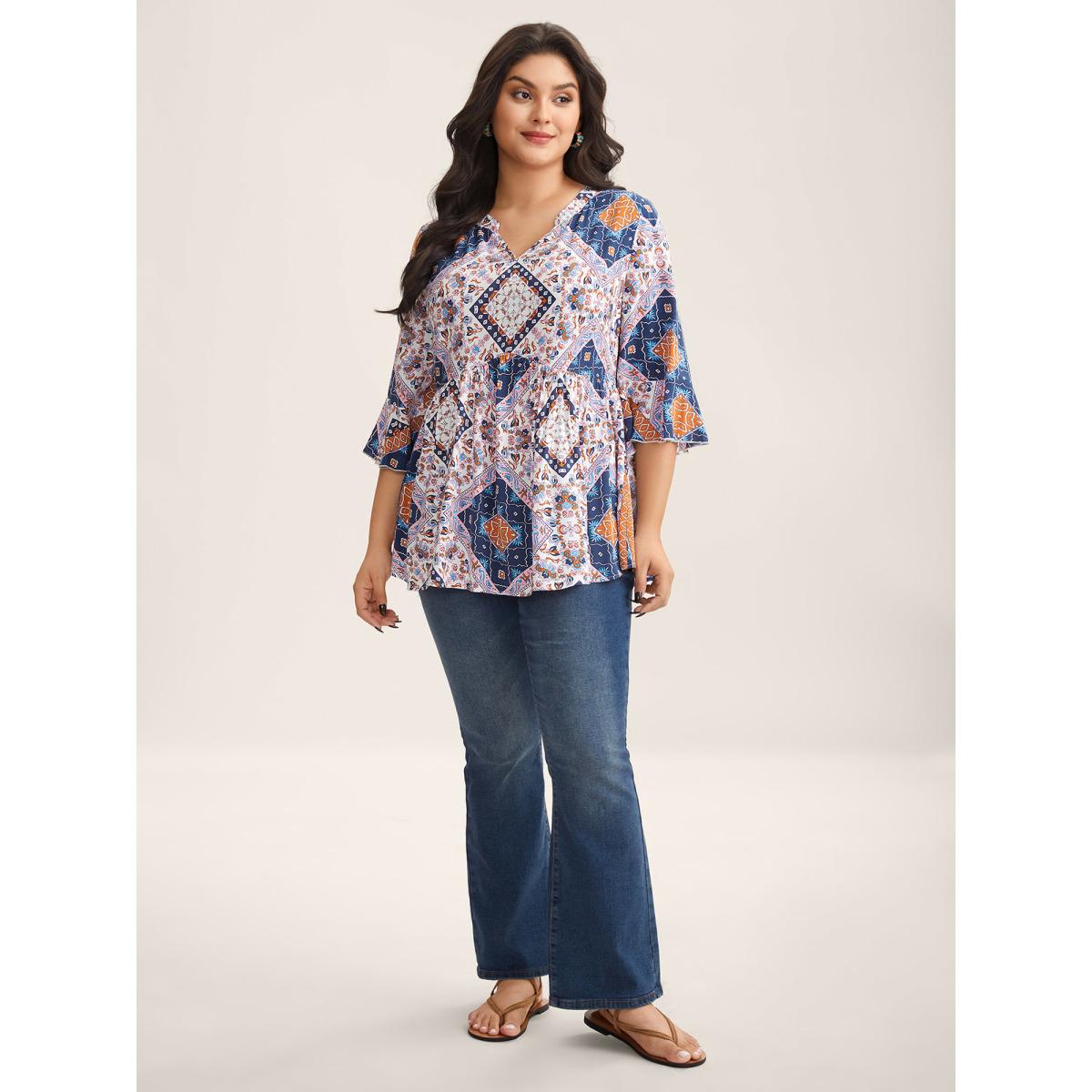 Plus Size Multicolor Boho Collage Print Notched Babydoll Top Women Elbow-length sleeve Notched collar Vacation Blouses BloomChic 22-24/3X Product Image