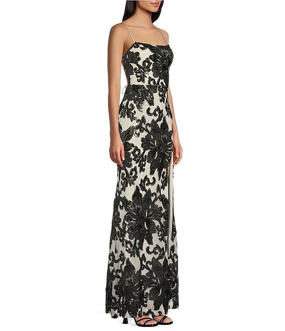 Midnight Doll Floral Sequin-Lace Up Spaghetti Strap Square Neck Dress Product Image