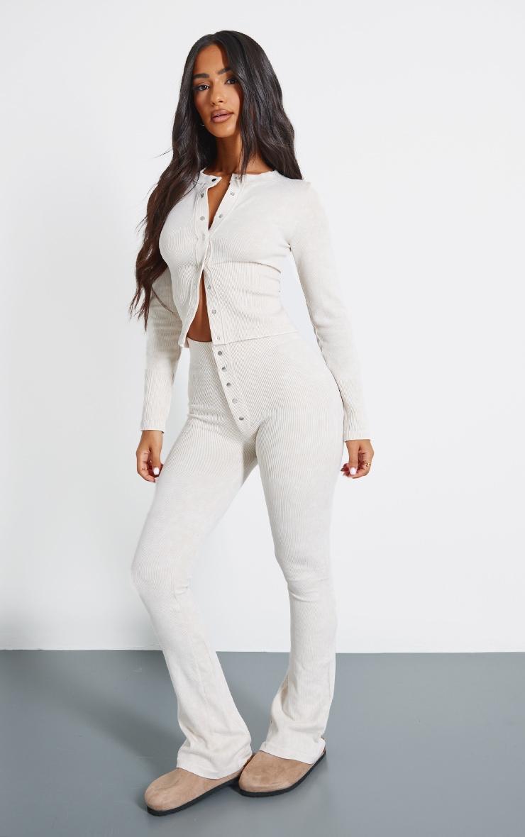 Petite Cream Faded Snatched Rib Long Sleeve Button Up Long Top Product Image