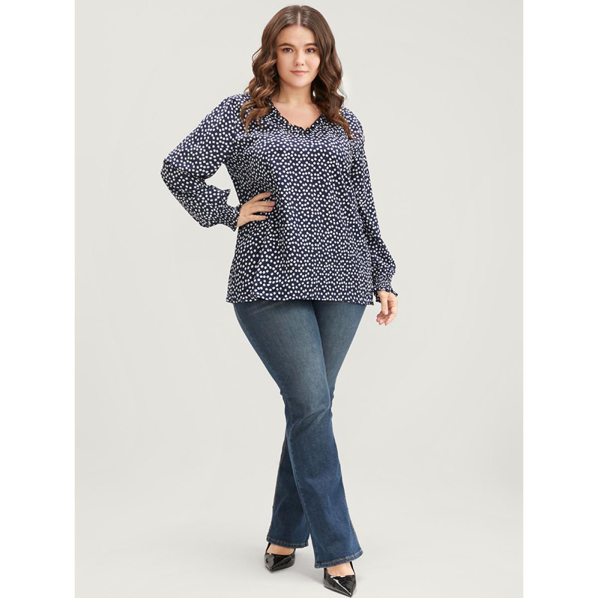 Plus Size Indigo Ditsy Floral V Neck Shirred Lantern Sleeve Blouse Women Elegant Long Sleeve V-neck Dailywear Blouses BloomChic 10/M Product Image