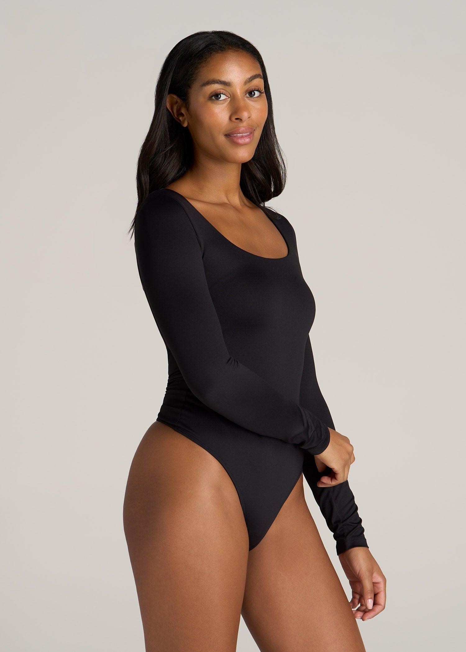 Long Sleeve Square Neck Bodysuit for Tall Women in Black Female Product Image