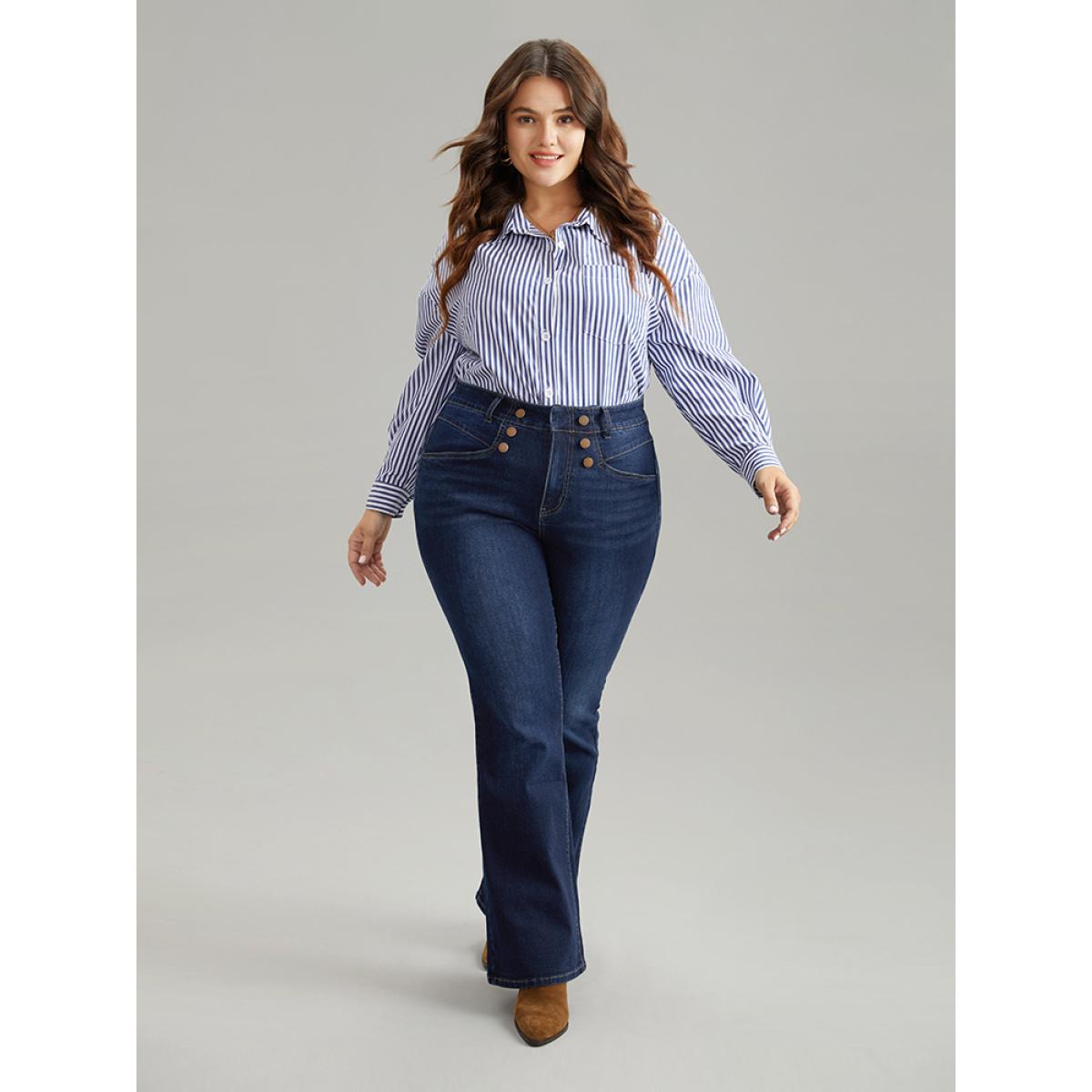 Plus Size Flare Leg Button Detail High Rise Jeans Women DarkBlue Casual Plain Non High stretch Slanted pocket Jeans BloomChic 22/3X Product Image