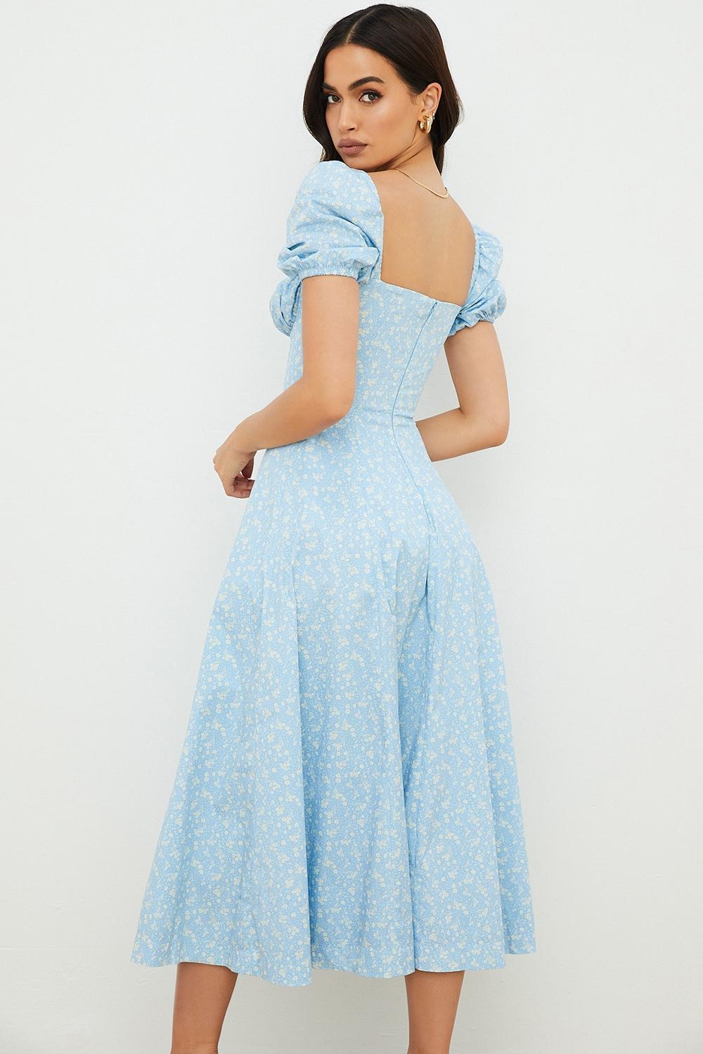 Tallulah  blue ivory floral puff sleeve midi dress Product Image