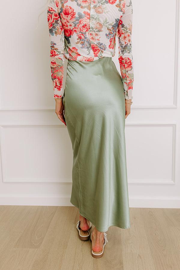 The Tiffany High Waist Satin Midi Skirt in Sage Product Image