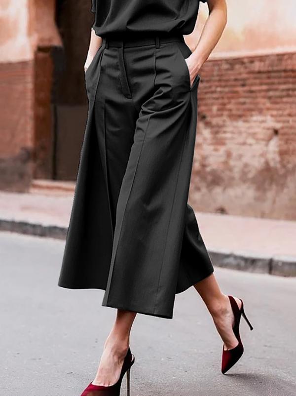 Loose Wide Leg Pockets Solid Color Ninth Pants Trousers Product Image