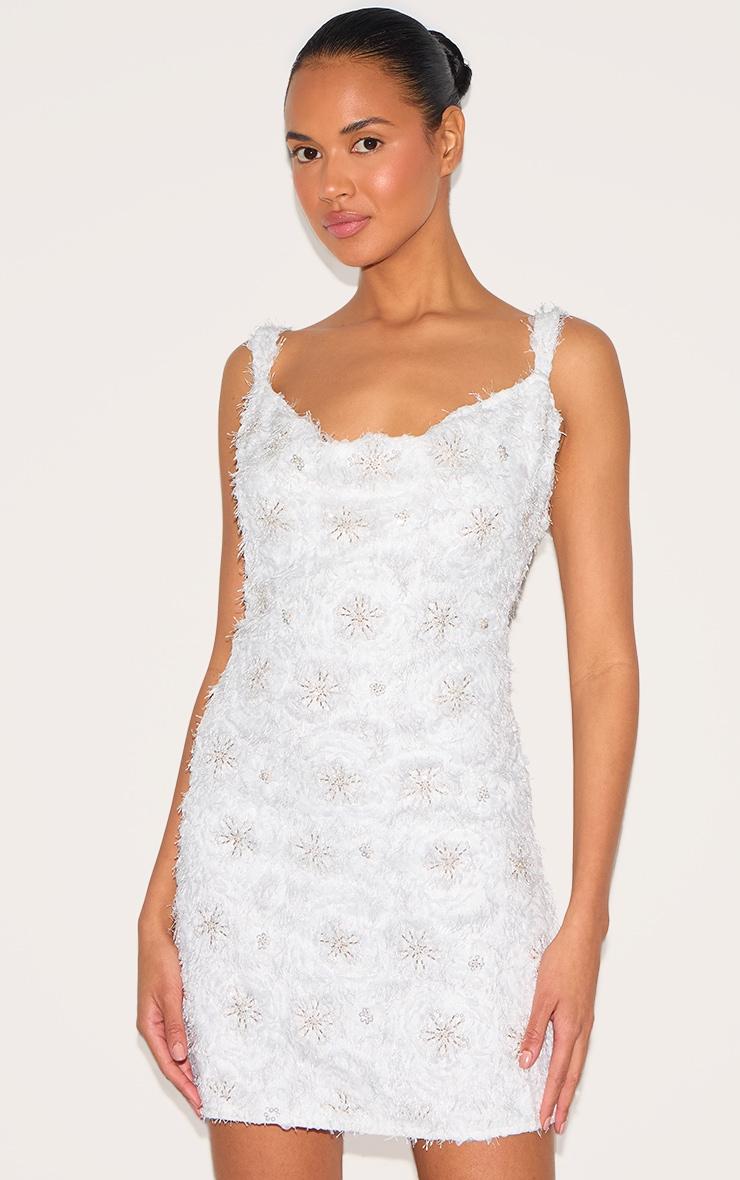Premium White Sequin Embroidered Cowl Neck Shift Dress Product Image