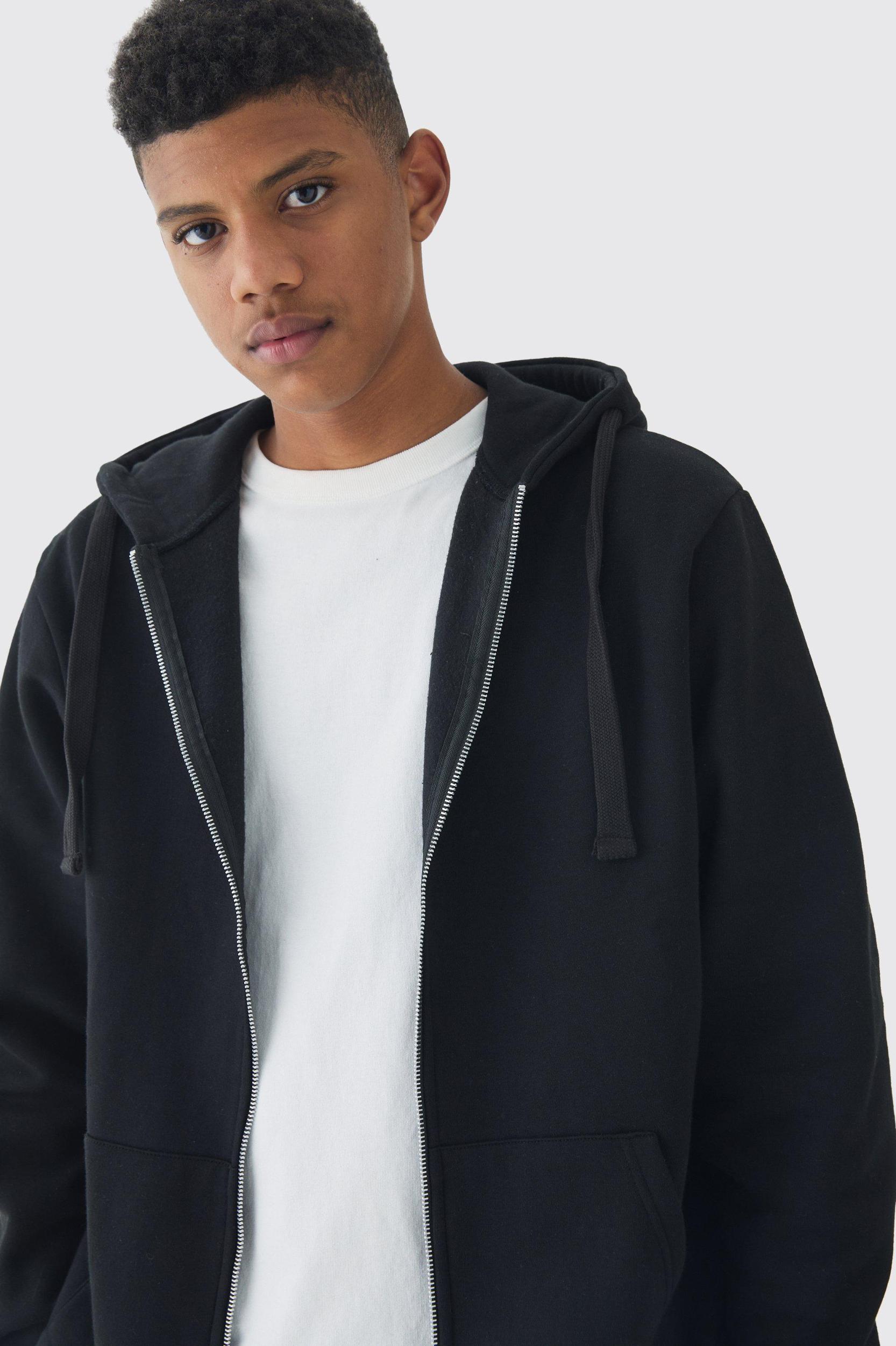 330GSM Tall Regular Fit Zip Through Hoodie in Black | boohooMAN USA Product Image