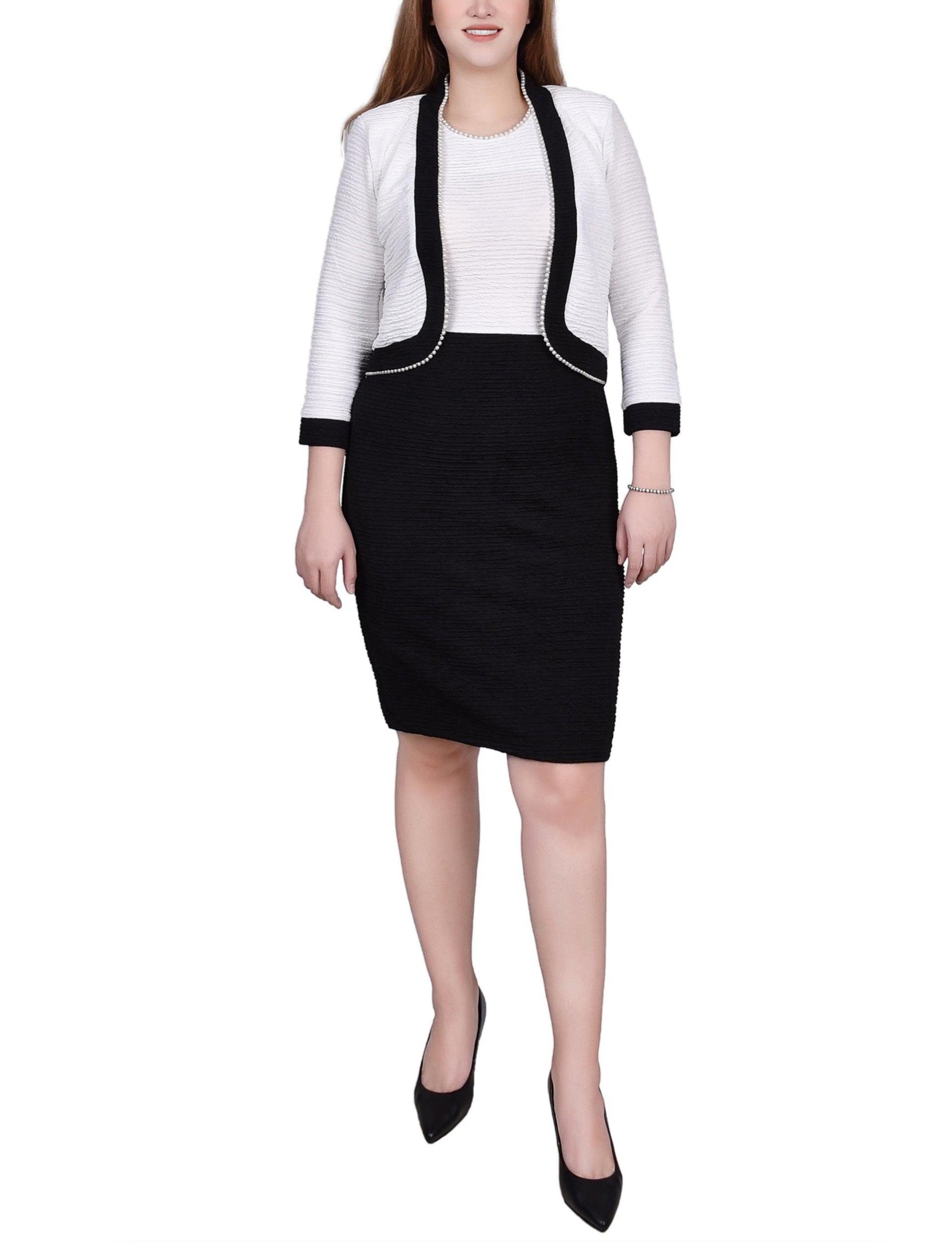 Black White 3/4 Sleeve Textured Knit 2 Piece Dress Set - Petite Product Image