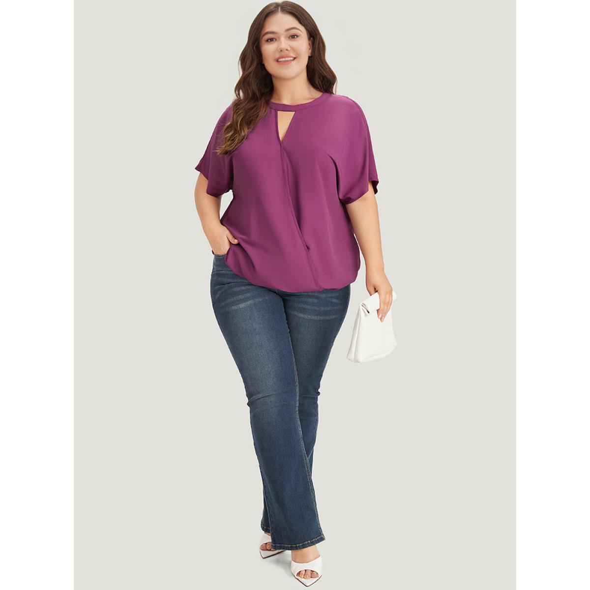 Plus Size Purple Solid Keyhole Gathered Dolman Sleeve Blouse Women Office Short sleeve V-neck Office Blouses BloomChic 14-16/1X Product Image