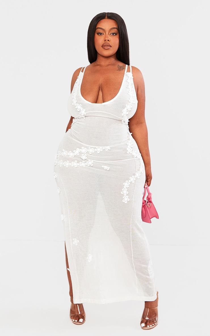 Plus White Flower Aplique Sheer Midaxi Dress Product Image