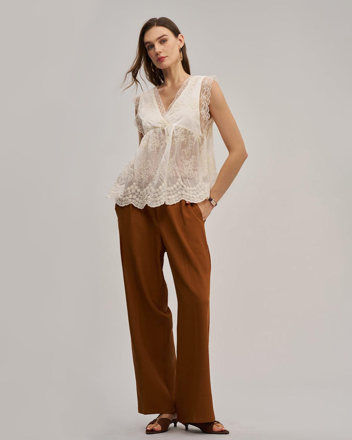 Apricot V Neck Lace See-Through Tank Top Product Image