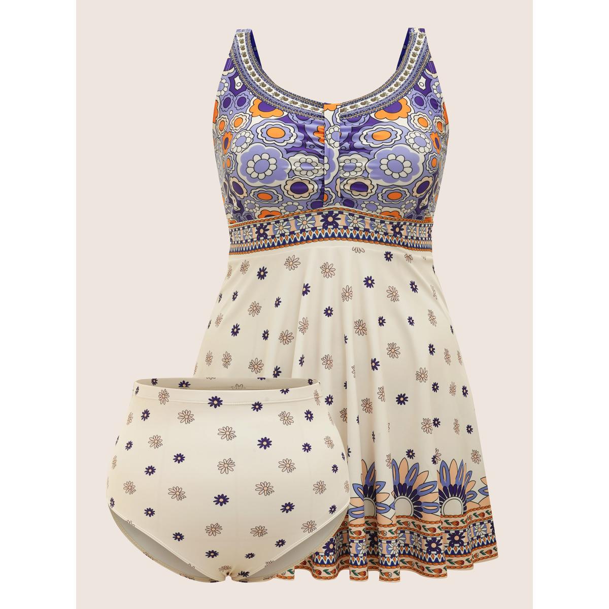 Plus Size Bandana Print Elastic Waist Gathered Swim Dress Women's Swimwear Originalwhite Beach Bodycon V-neck High stretch Curve Swim Dresses BloomChic 22-24/3X Product Image