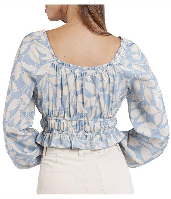 Sadie & Sage Printed Woven Scoop Neck Long Sleeve Smocked Waist Cropped Peplum Top Product Image