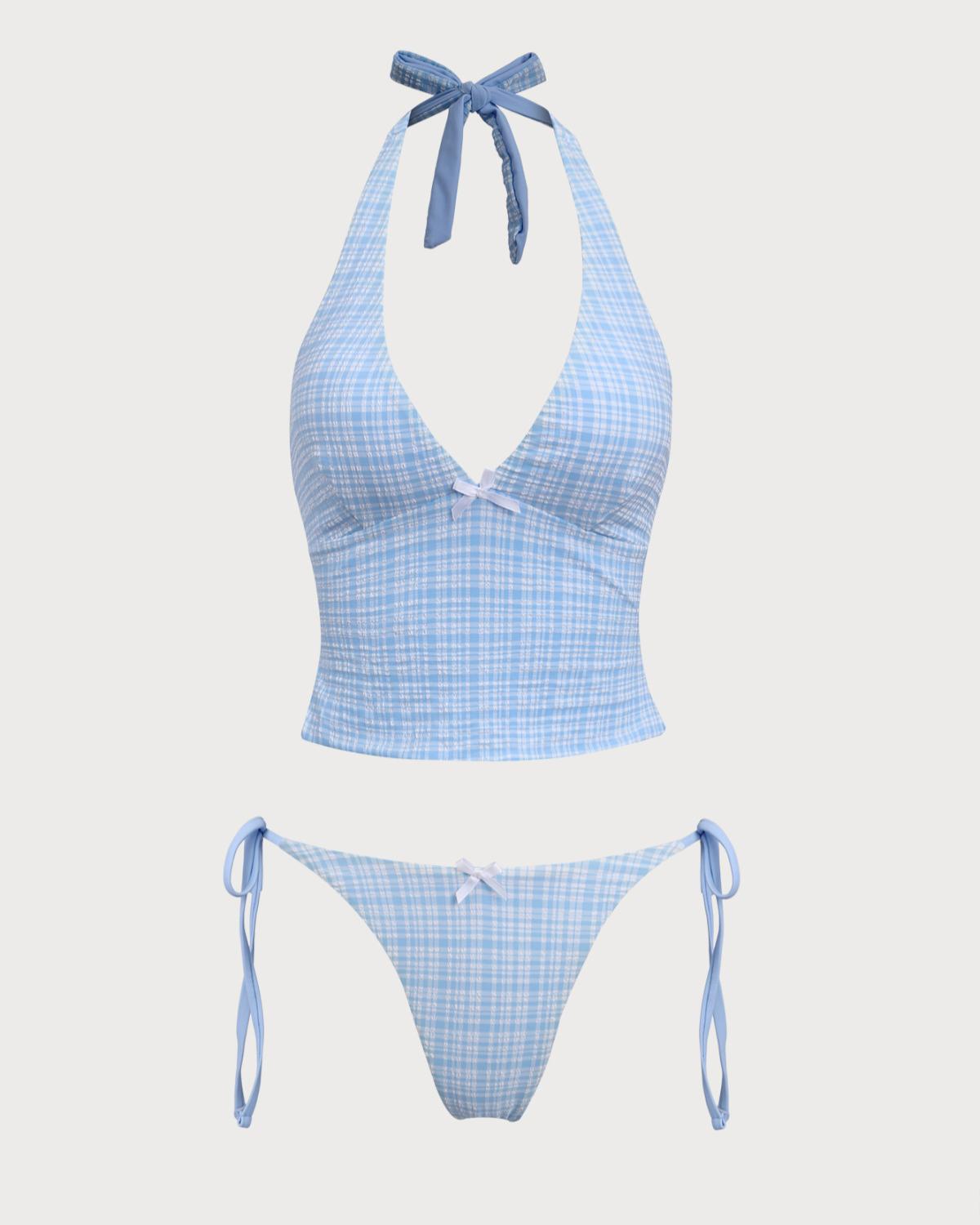 Blue Knitted Plaid Tankini Swimsuit Product Image