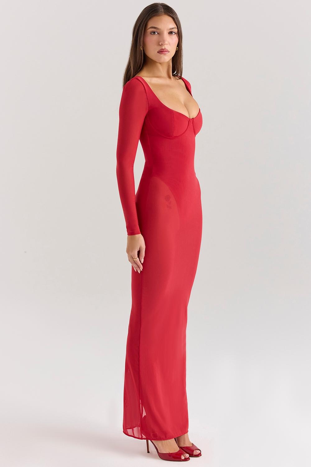 Everly  holly red mesh maxi dress with bodysuit Product Image