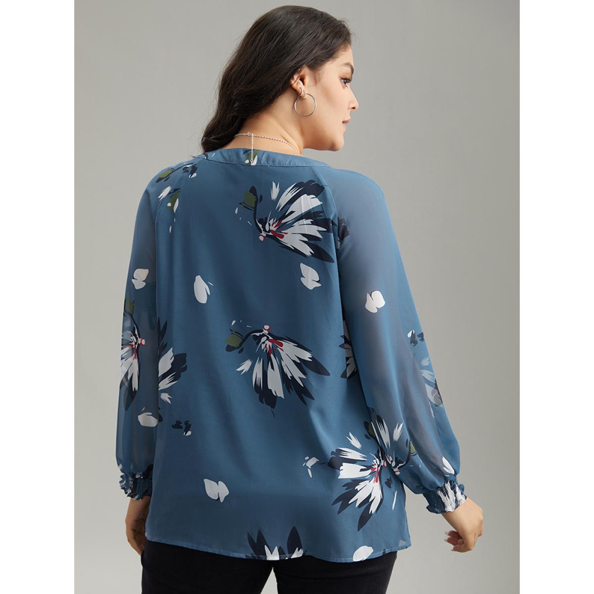 Plus Size Cerulean Floral Print Shirred Ruffles Mesh Blouse Women Elegant Long Sleeve V-neck Dailywear Blouses BloomChic 14-16/1X Product Image
