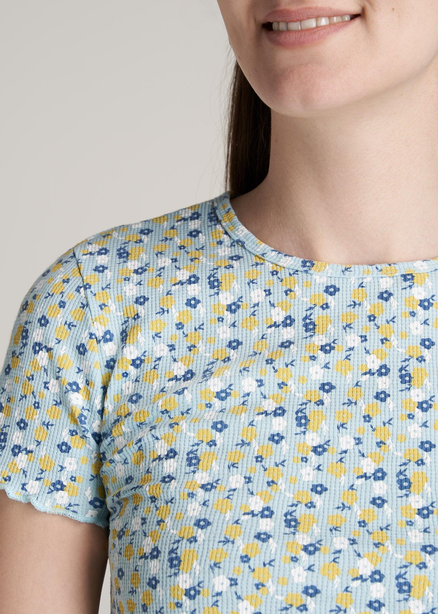 Cropped Waffle Tee for Tall Women in Corydalis Blue Floral Female Product Image
