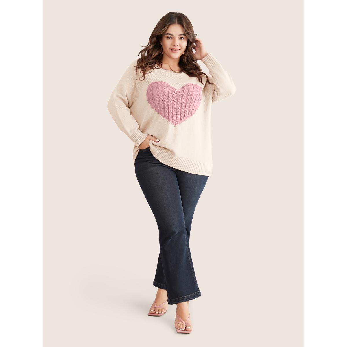 Plus Size Heart Cable Knit Two Tone Raglan Sleeve Pullover Ivory Women Playful Long Sleeve Round Neck Casual Pullovers BloomChic 12/L Product Image