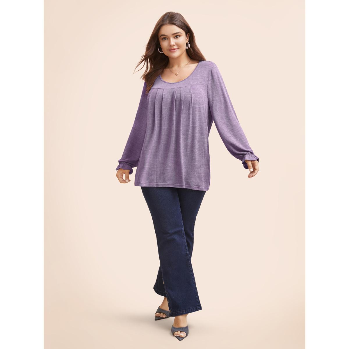 Plus Size Round Neck Heather Pleated T-shirt Mauve Women Leisure Pleated Round Neck Loose Casual T-shirts BloomChic 22-24/3X Product Image