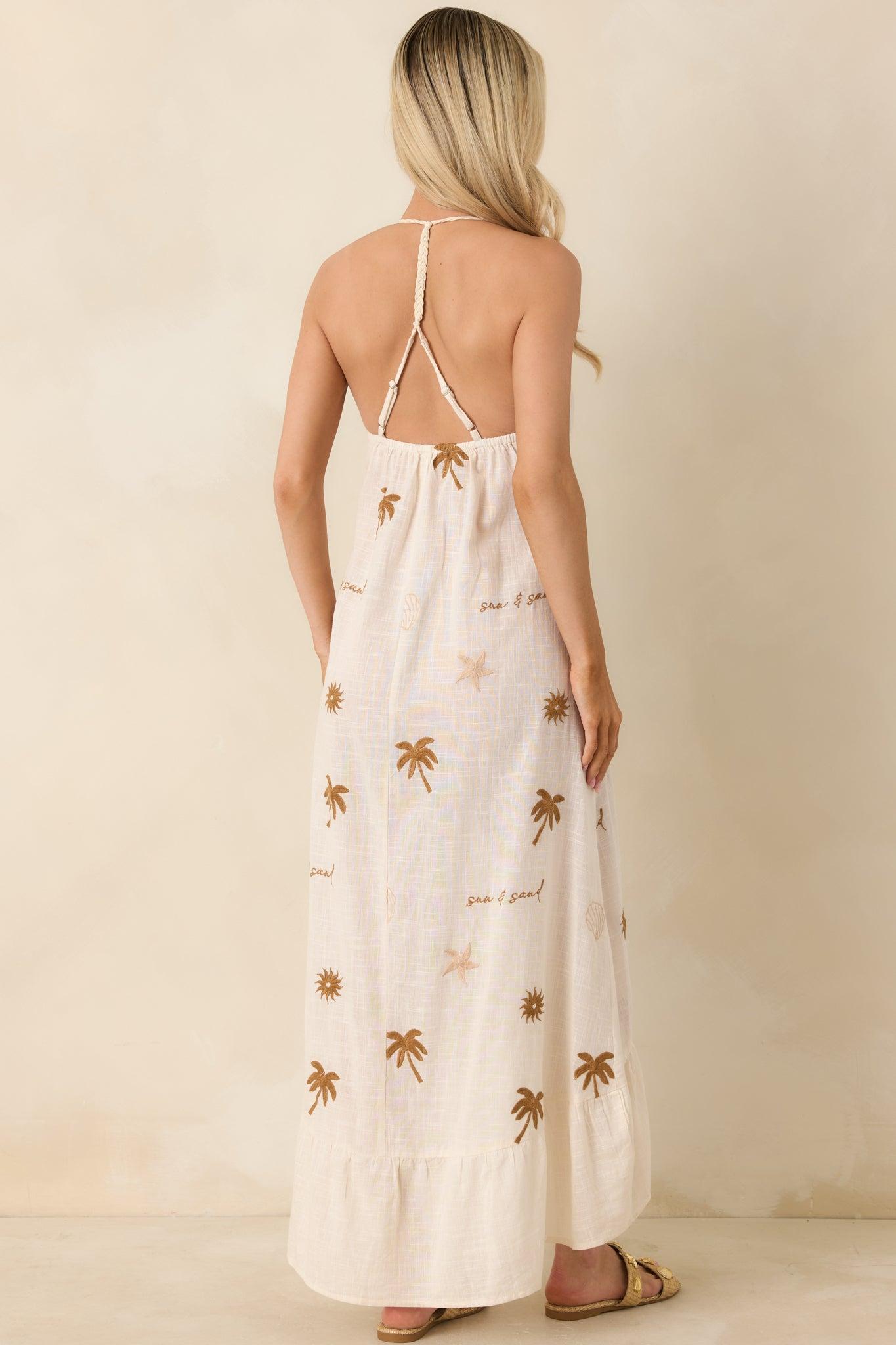 Sunwashed Sands Light Beige Cotton Coastal Embroidered Midi Dress Product Image