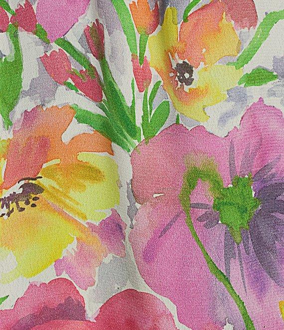 John Mark Petite Size Woven Floral Ruffled Round Neck 3/4 Cinched Tie Sleeve Top Product Image