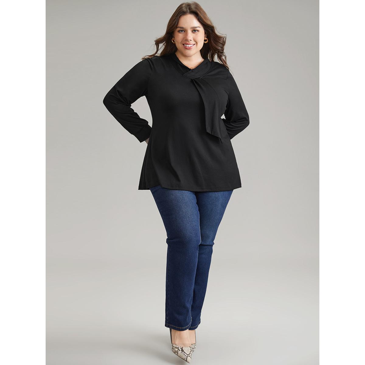 Plus Size Solid Twist Front Asymmetrical Neck Knit T-shirt Black Women Elegant Plain Plain Asymmetrical Neck Dailywear T-shirts BloomChic 14-16/1X Product Image