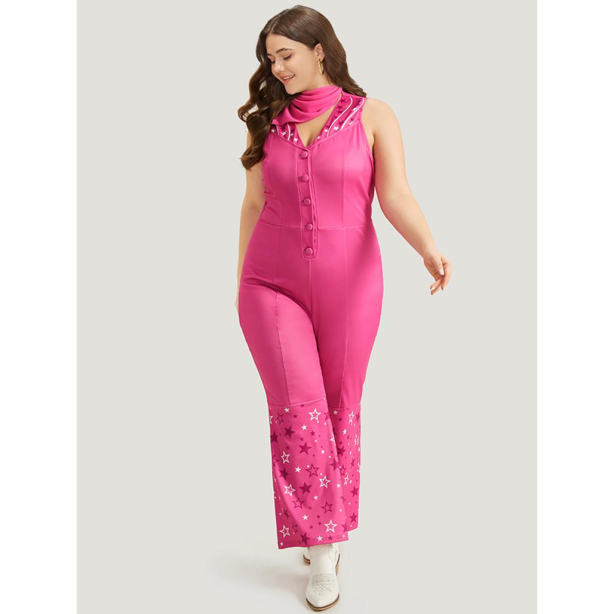 Plus Size Pink Halloween Star Button Up Bootcut Sleeveless Jumpsuit Women Elegant Sleeveless V-neck Festival-Halloween Loose Jumpsuits BloomChic 14-16/1X Product Image