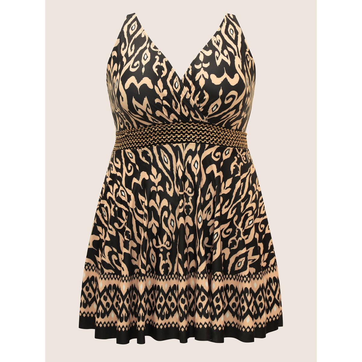 Plus Size Boho Print Overlap Collar Woven Ribbon Swim Dress Women's Swimwear Black Beach Bodycon Overlap Collar High stretch Curve Swim Dresses BloomChic 26/4X Product Image