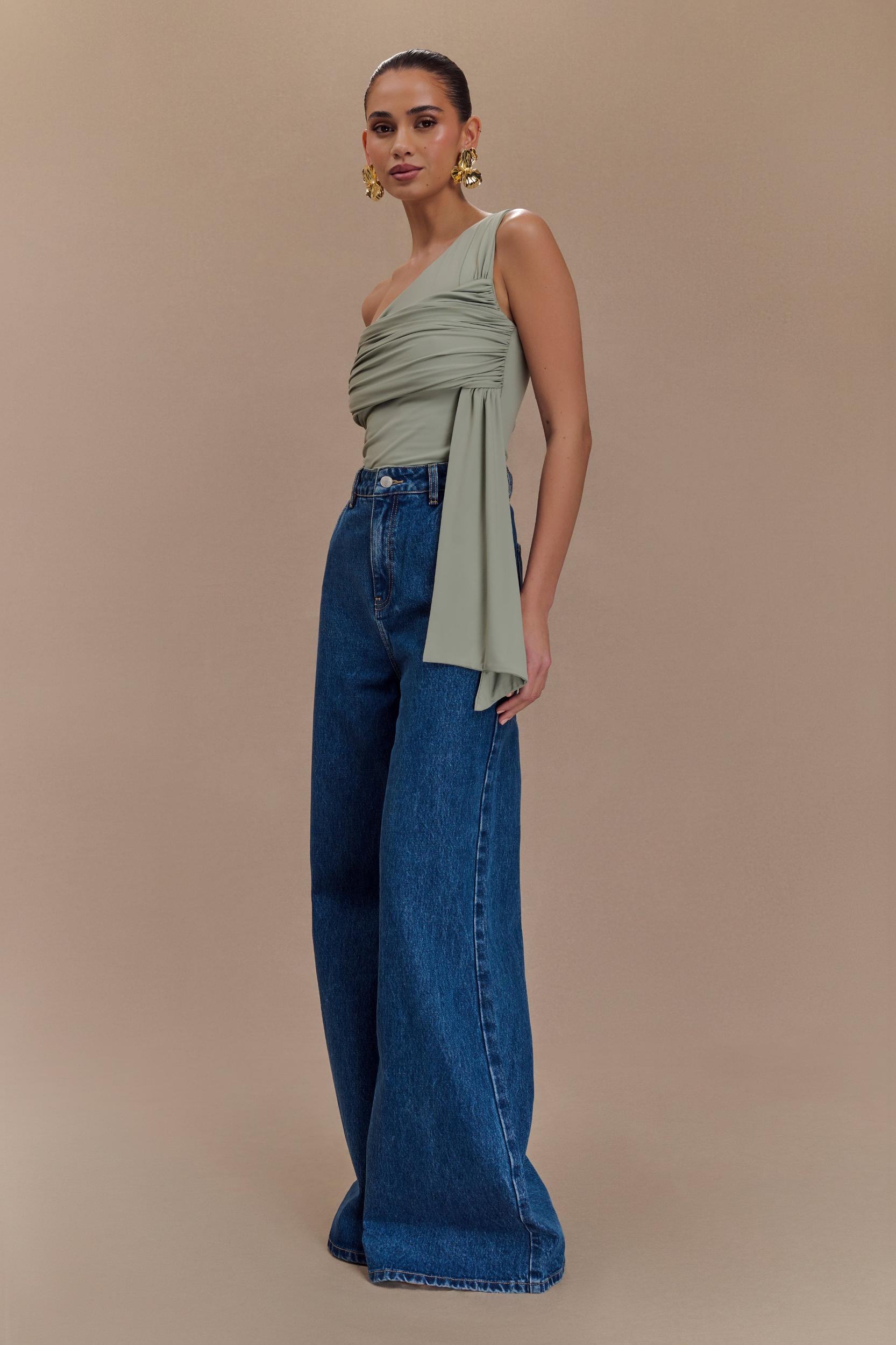 Sera One Shoulder Recycled Nylon Top With Drape - Basil Product Image