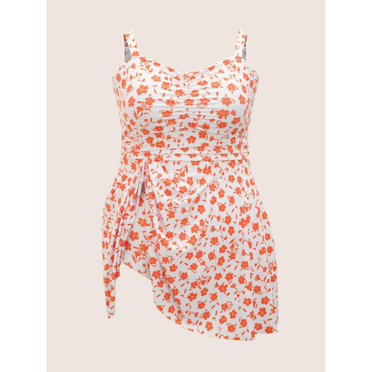 Plus Size Ditsy Floral Ruched Empire Waist Swim Dress Women's Swimwear Originalwhite Beach Bodycon Heart neckline High stretch Curve Swim Dresses BloomChic 18-20/2X Product Image