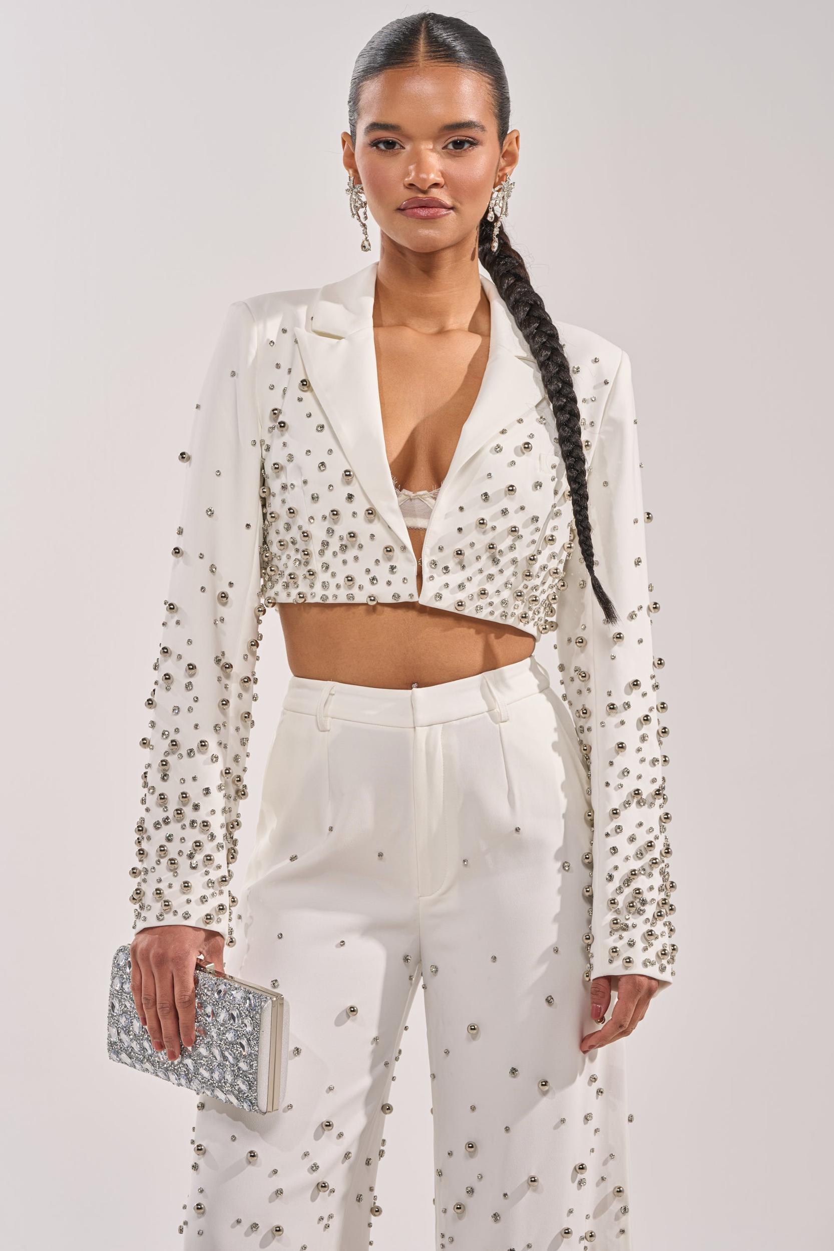 GET CLOSER EMBELLISHED BLAZER IN WHITE Product Image