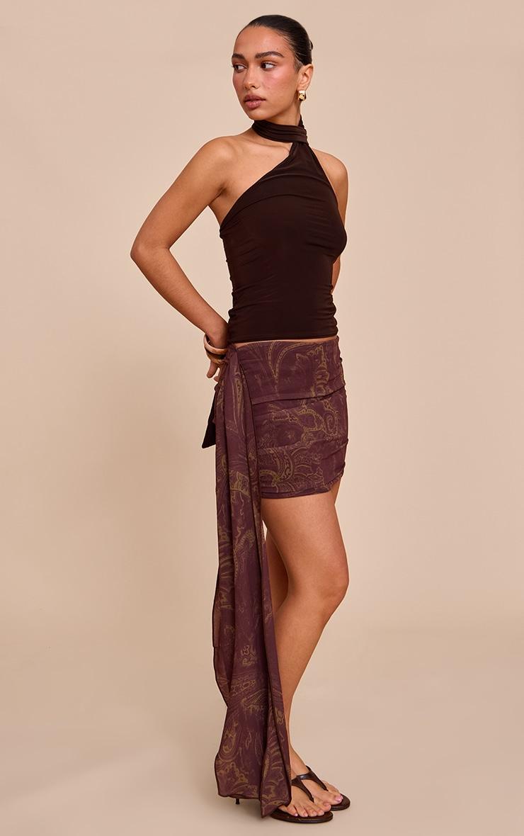 Brown Paisley Print Draped Mini Skirt Product Image