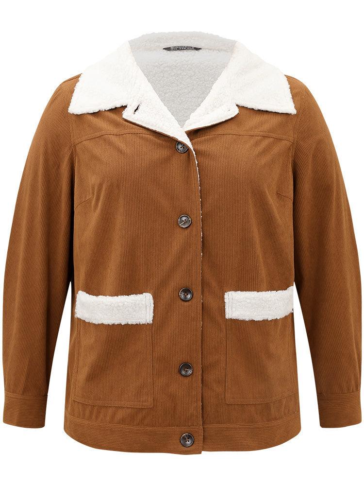 Corduroy Lapel Collar Fuzzy Patchwork Button Fly Coat Female Product Image