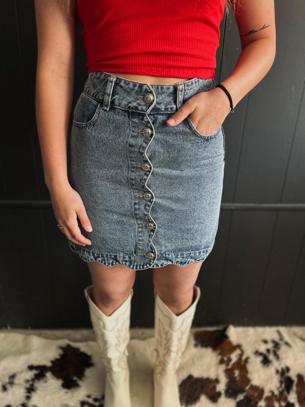 Scallop Buttoned Front Denim Skirt Product Image