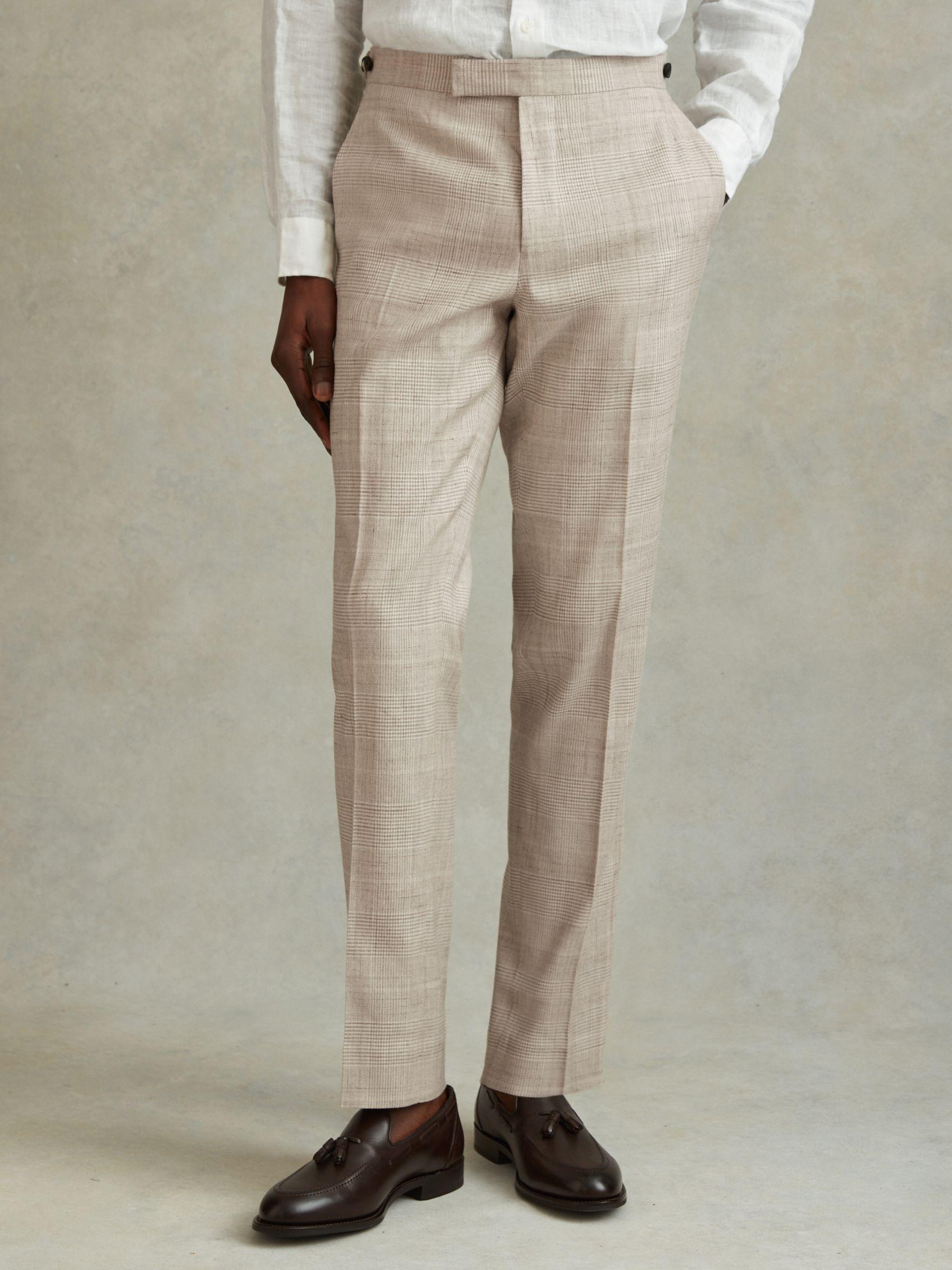 Slim Fit Linen Blend Check Trousers in Oatmeal Product Image