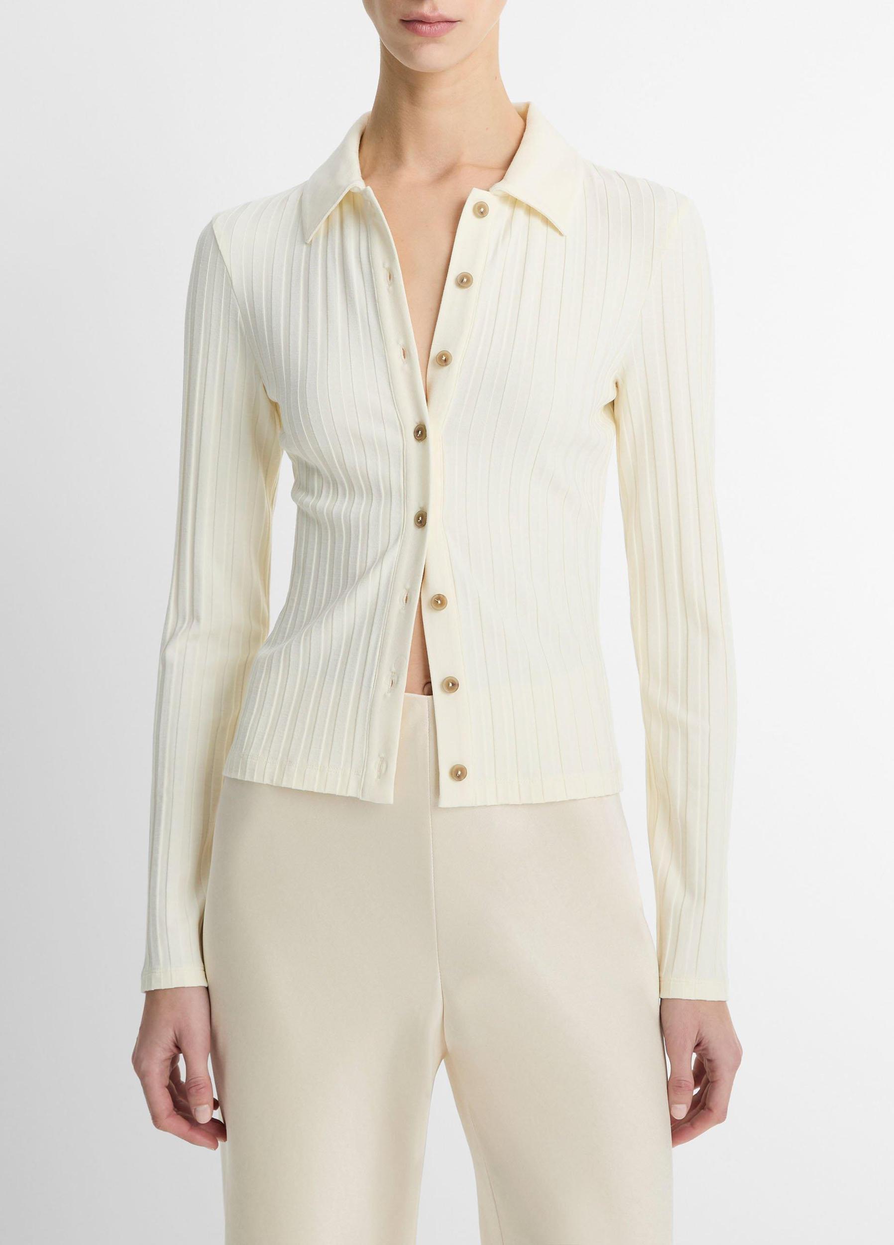 Ribbed Collared Long-Sleeve Button-Front Top Product Image