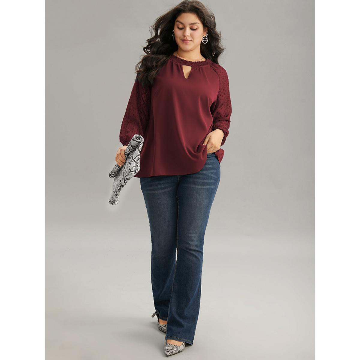 Plus Size Scarlet Static-Free Solid Shirred Mesh Texture Keyhole Blouse Women Office Long Sleeve Keyhole Cut-Out Dailywear Blouses BloomChic 22-24/3X Product Image