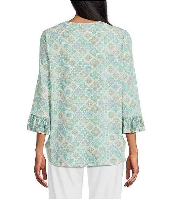 Multiples Georgette Printed Split V-Neck 3/4 Pleated Flounce Sleeve Knit Top Product Image