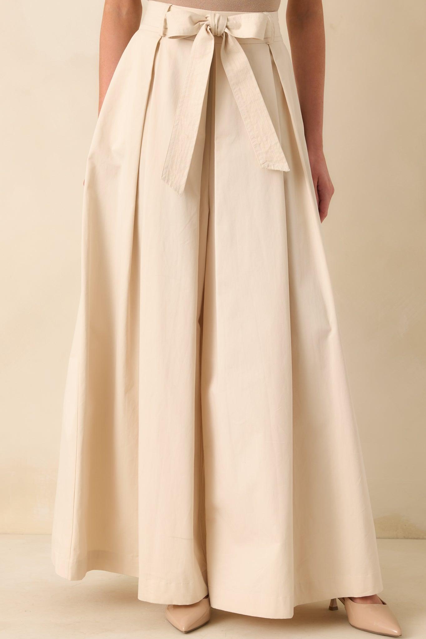 Taking Time Off Ecru Cotton Belted Palazzo Pants Product Image